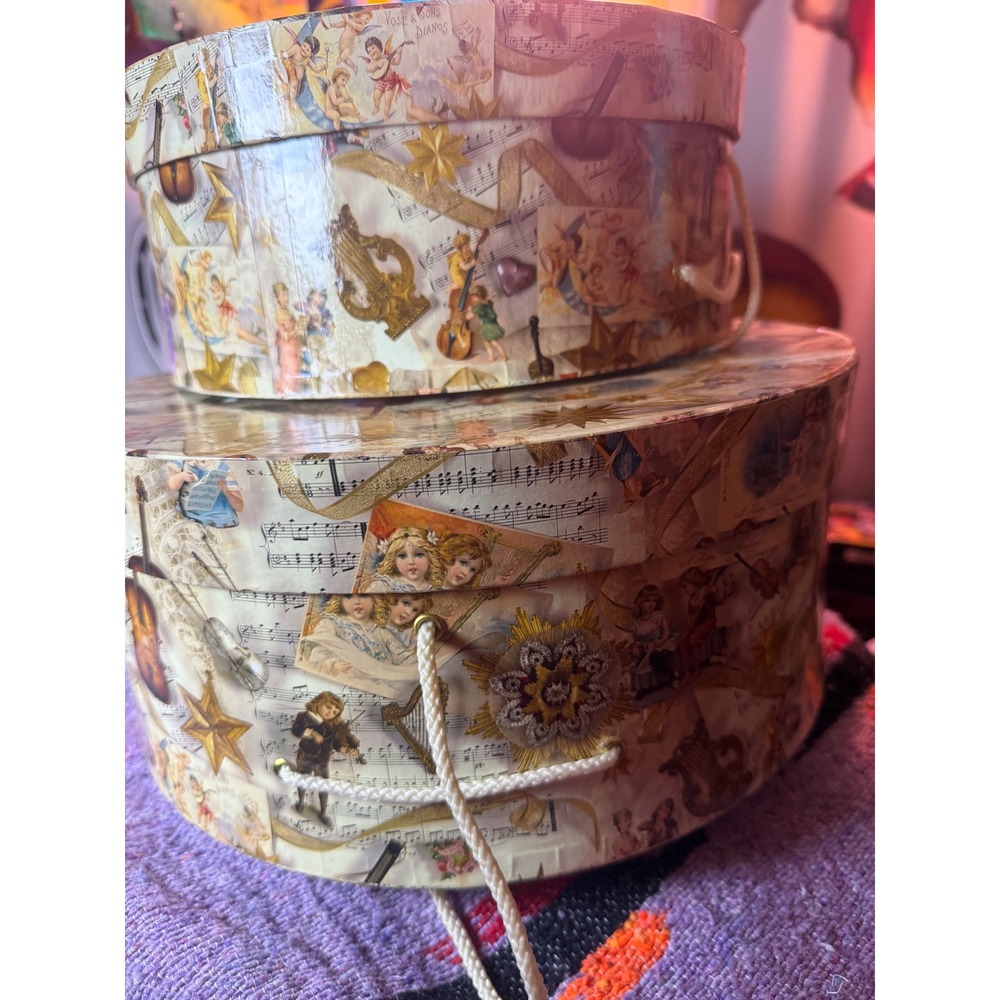 Vintage 1995 The Gifted Line Victorian Cherub Musical Nesting Hat Boxes Set of 2